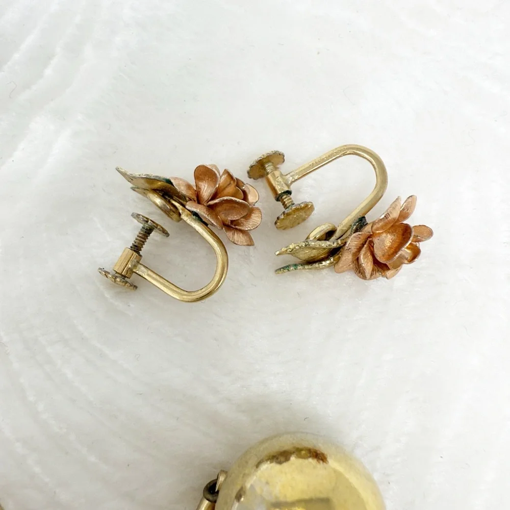 Vintage Screw-Back Earrings Lot Gold Ball Dangle & Rose Floral Earrings Retro